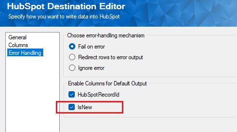 Fiddler capture from HubSpot Destination component Default output IsNew field